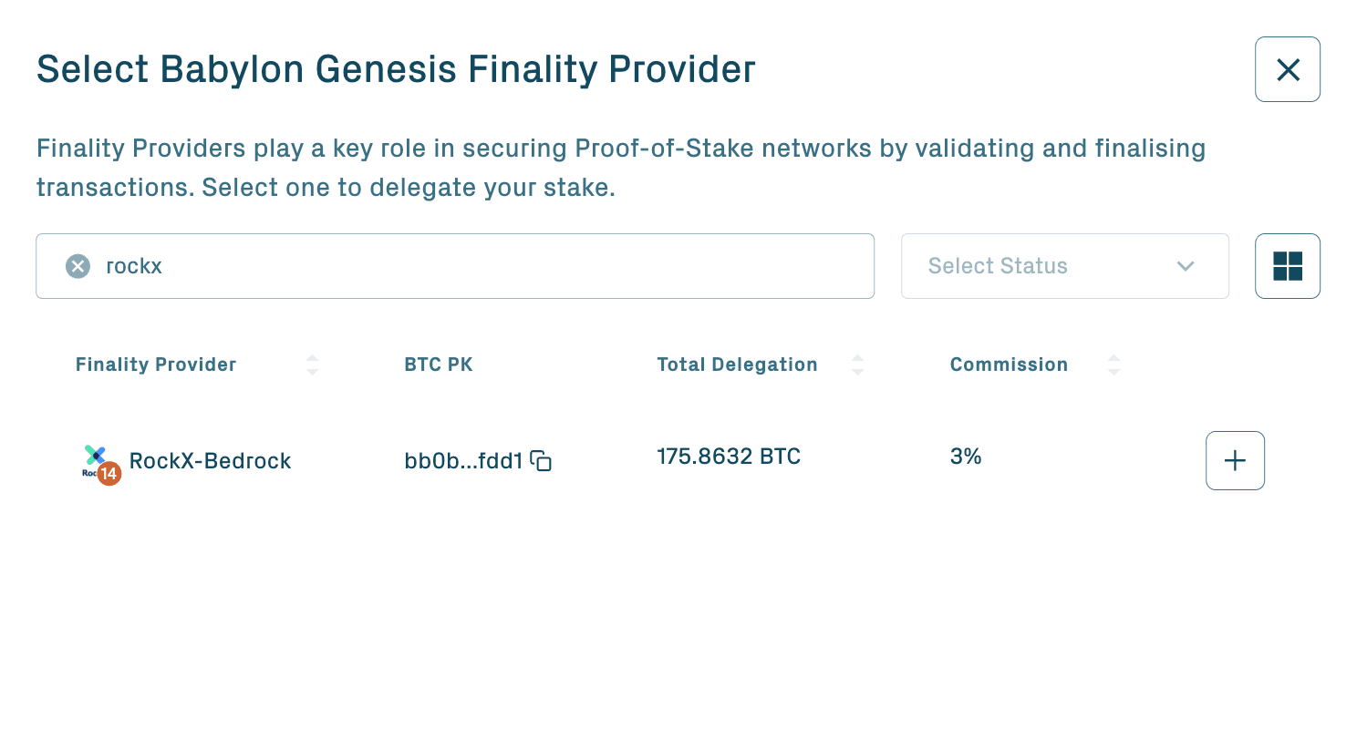 Selecting RockX-Bedrock as a Finality Provider in the Babylon staking app